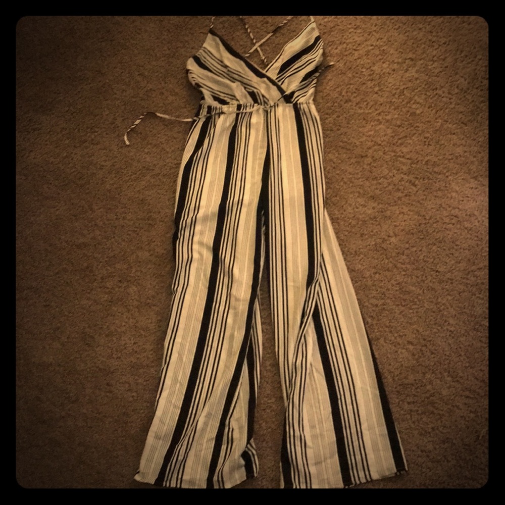 Long black and white striped jumpsuit.